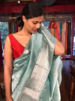 Powder Blue Mangalagiri Silk Saree with Kanchi Silk Border - Image 2