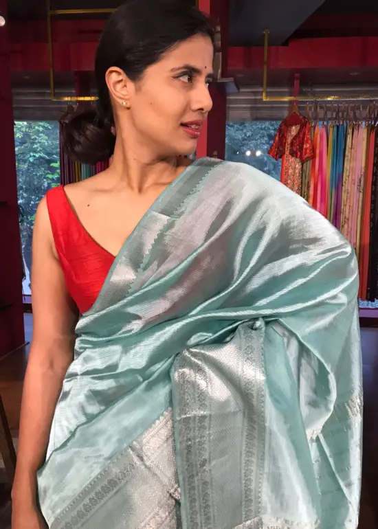 Powder Blue Mangalagiri Silk Saree with Kanchi Silk Border