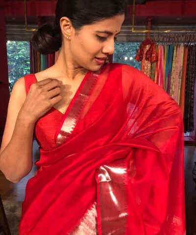 Scarlet Red Mangalagiri Silk Saree with Kanchi Silk Border