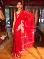 Scarlet Red Mangalagiri Silk Saree with Kanchi Silk Border - Image 2