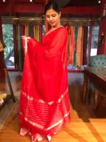 Scarlet Red Mangalagiri Silk Saree with Kanchi Silk Border - Image 5