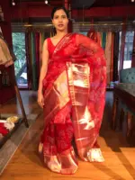 Scarlet Red Organza Silk Saree with Kanchi Zari Border - Image 2