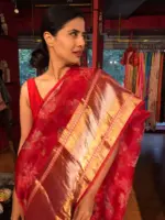 Scarlet Red Organza Silk Saree with Kanchi Zari Border