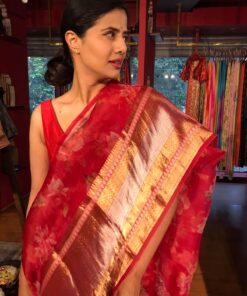 Scarlet Red Organza Silk Saree with Kanchi Zari Border