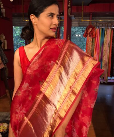 Scarlet Red Organza Silk Saree with Kanchi Zari Border