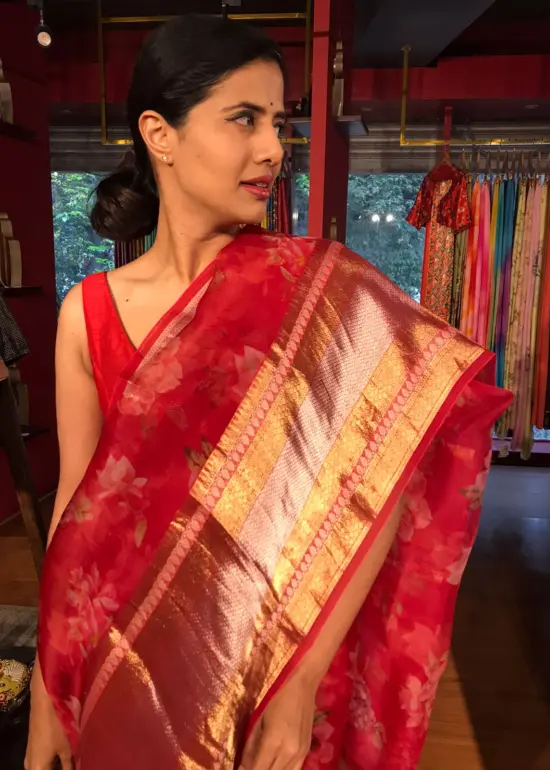 Scarlet Red Organza Silk Saree with Kanchi Zari Border