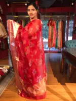 Scarlet Red Organza Silk Saree with Kanchi Zari Border - Image 4