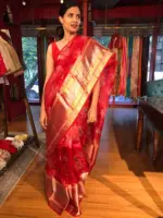 Scarlet Red Organza Silk Saree with Kanchi Zari Border - Image 5
