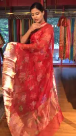 Scarlet Red Organza Silk Saree with Kanchi Zari Border - Image 7