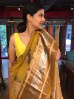Mustard Yellow Organza Silk Saree with Kanchi Zari Border - Image 2
