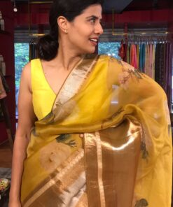 Mustard Yellow Organza Silk Saree with Kanchi Zari Border