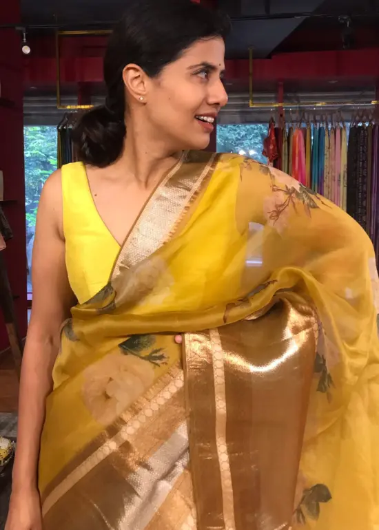 Mustard Yellow Organza Silk Saree with Kanchi Zari Border