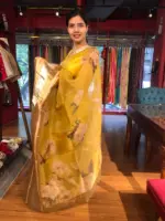 Mustard Yellow Organza Silk Saree with Kanchi Zari Border - Image 4