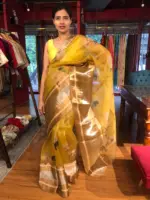 Mustard Yellow Organza Silk Saree with Kanchi Zari Border - Image 3