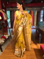 Mustard Yellow Organza Silk Saree with Kanchi Zari Border - Image 6