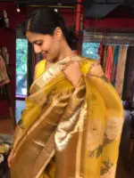 Mustard Yellow Organza Silk Saree with Kanchi Zari Border - Image 5