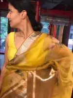 Mustard Yellow Organza Silk Saree with Kanchi Zari Border - Image 8