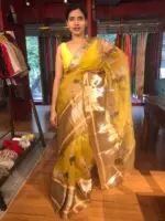 Mustard Yellow Organza Silk Saree with Kanchi Zari Border - Image 7