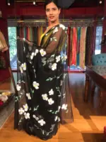 Black Chiffon Saree Handpainted with Florals - Image 2