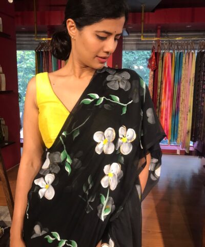 Black Chiffon Saree Handpainted with Florals