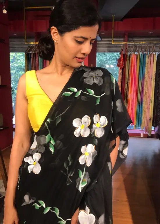 Black Chiffon Saree Handpainted with Florals