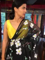 Black Chiffon Saree Handpainted with Florals - Image 3
