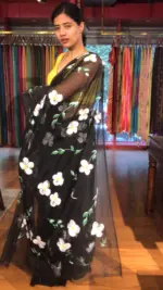 Black Chiffon Saree Handpainted with Florals - Image 5