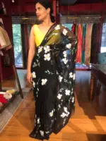 Black Chiffon Saree Handpainted with Florals - Image 4