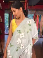 Powder Blue Chiffon Saree handpainted with florals - Image 5