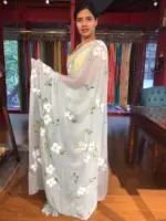 Powder Blue Chiffon Saree handpainted with florals - Image 3