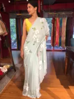 Powder Blue Chiffon Saree handpainted with florals - Image 6
