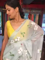 Powder Blue Chiffon Saree handpainted with florals