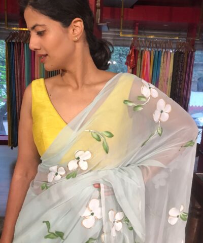 Powder Blue Chiffon Saree handpainted with florals