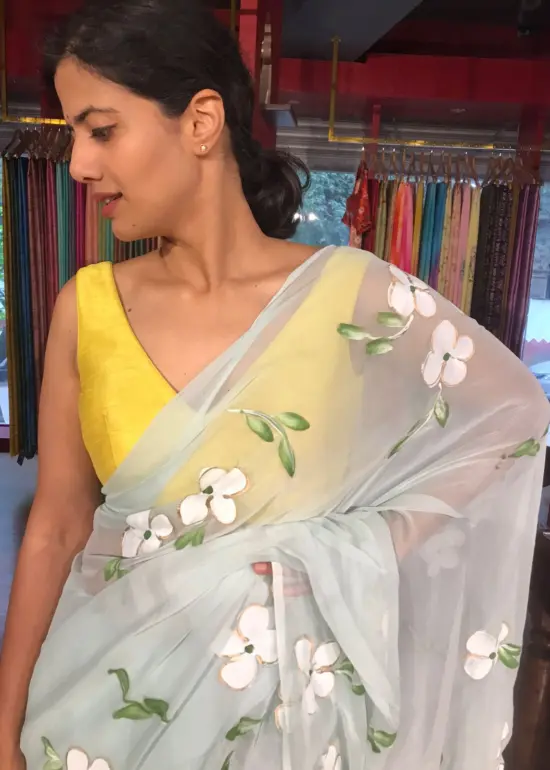 Powder Blue Chiffon Saree handpainted with florals