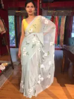 Powder Blue Chiffon Saree handpainted with florals - Image 2