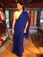 Blue Block Printed Chiffon Saree - Image 5