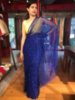 Blue Block Printed Chiffon Saree - Image 3