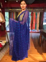 Blue Block Printed Chiffon Saree - Image 4