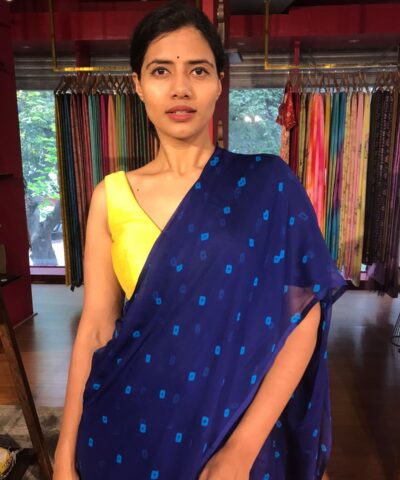Blue Block Printed Chiffon Saree
