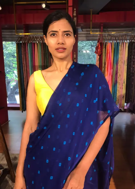Blue Block Printed Chiffon Saree