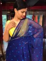 Blue Block Printed Chiffon Saree - Image 2