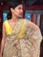 Taupe Printed Organza Silk Saree with Embroidery and Scallops Border