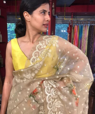 Taupe Printed Organza Silk Saree with Embroidery and Scallops Border