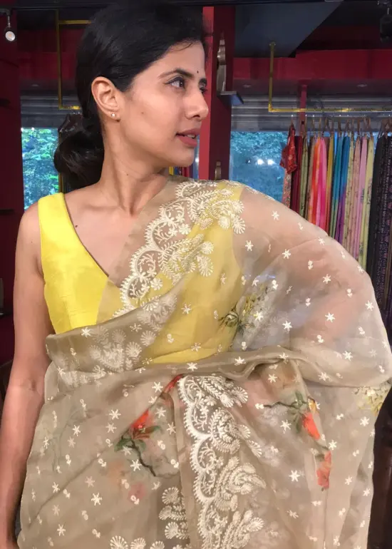 Taupe Printed Organza Silk Saree with Embroidery and Scallops Border