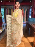 Taupe Printed Organza Silk Saree with Embroidery and Scallops Border - Image 3