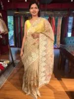 Taupe Printed Organza Silk Saree with Embroidery and Scallops Border - Image 4