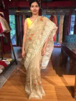 Taupe Printed Organza Silk Saree with Embroidery and Scallops Border - Image 2