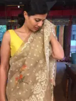 Taupe Printed Organza Silk Saree with Embroidery and Scallops Border - Image 7