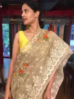 Taupe Printed Organza Silk Saree with Embroidery and Scallops Border - Image 5