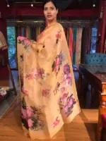 Peach Printed Organza Silk Saree - Image 3